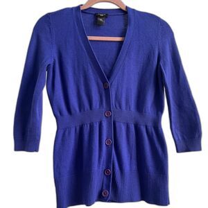Preppy Twee Cobalt Blue Knit Cardigan Cropped Sleeves Size Small